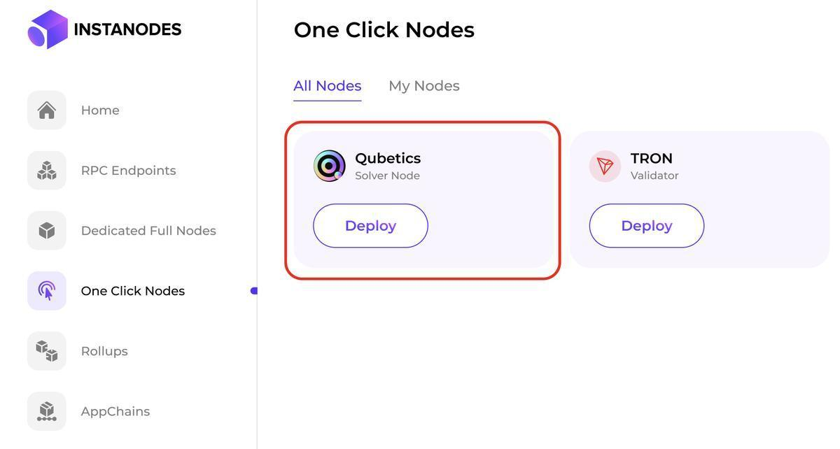 Qubetics Solver Node selection on the One Click Nodes page