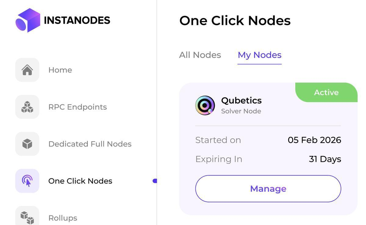 My Nodes view showing the active Qubetics Solver Node