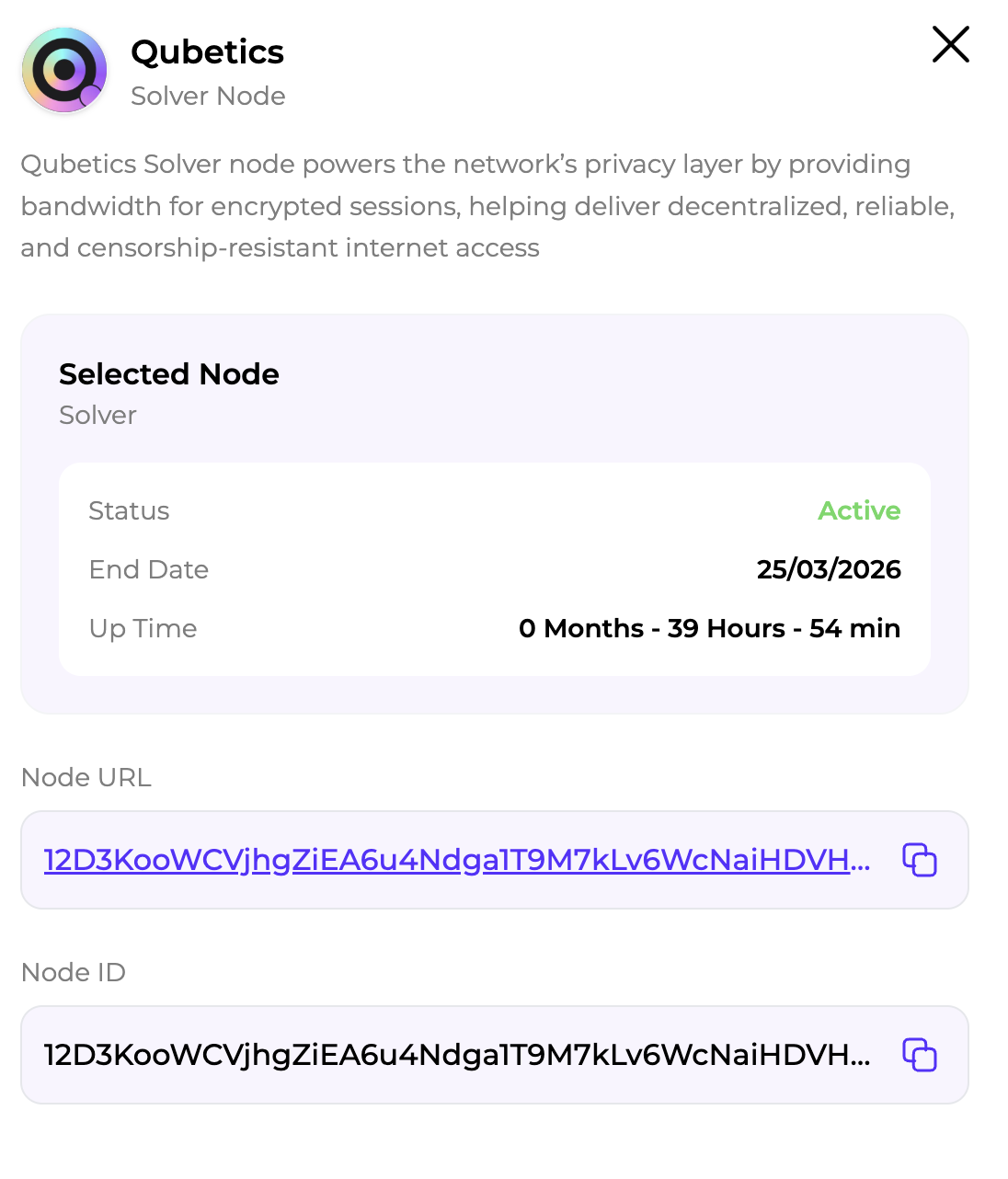 Node credentials panel with Node URL and Node ID