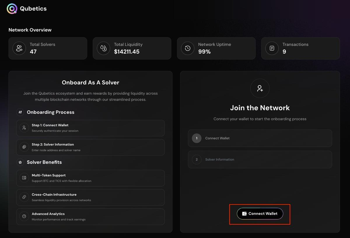 Onboard As A Solver panel with Connect Wallet button highlighted