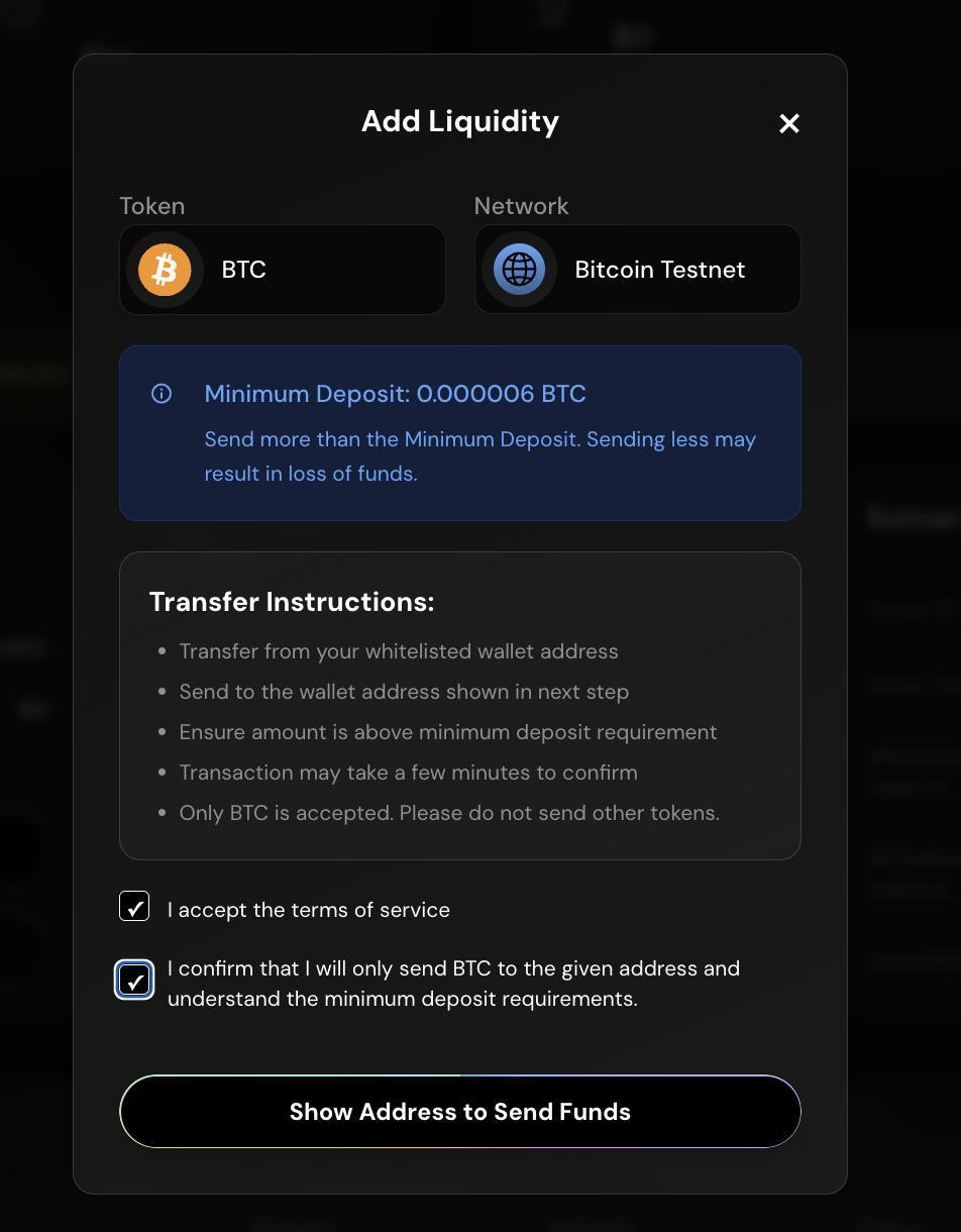 Add Liquidity dialog with minimum deposit and transfer instructions
