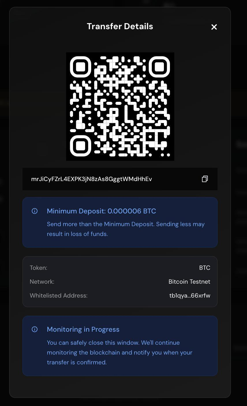 Deposit address with QR code and monitoring status