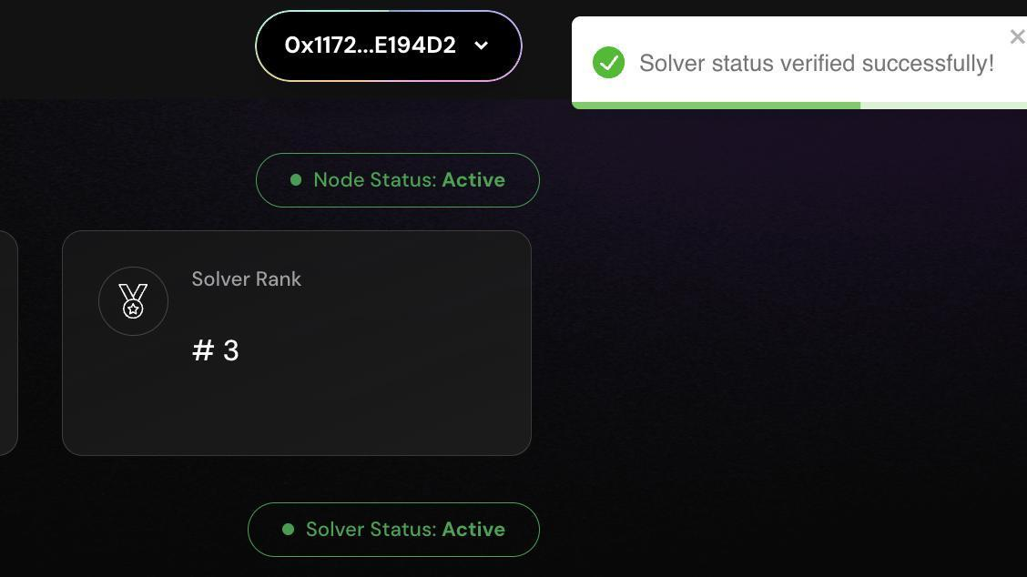 Dashboard with Solver status verified and Active badges